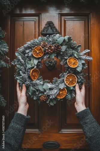 A person holding a festive wreath with dried oranges at a rustic wooden door ...