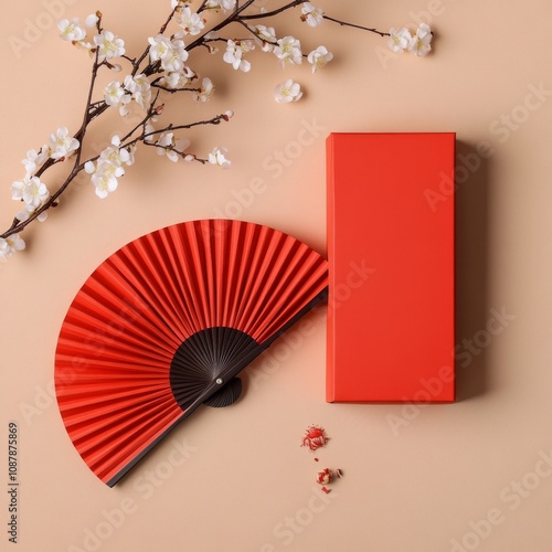 Elegant red fan and decorative box with blossoms on a soft background