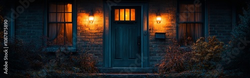 Warm glowing home entrance with inviting light and cozy atmosphere at dusk