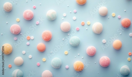 Colorful pastel round candies scattered on a blue background creating a sweet...