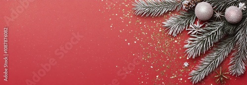 Festive pine branch and cone decor on textured background for winter celebrat...