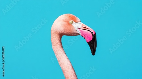 A close up of a flamingos head against a bright blue background during midday