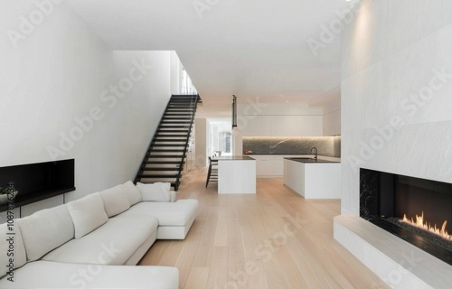 Modern living room with cozy fireplace and open kitchen design in a contempor...