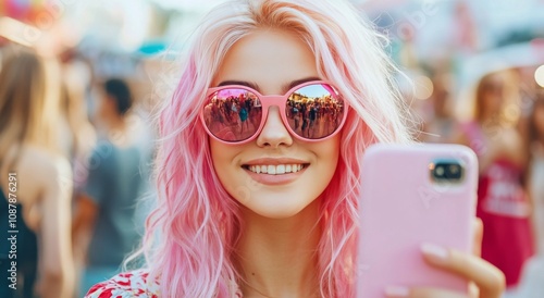 Young woman with pink hair takes a cheerful selfie in a vibrant outdoor city ...