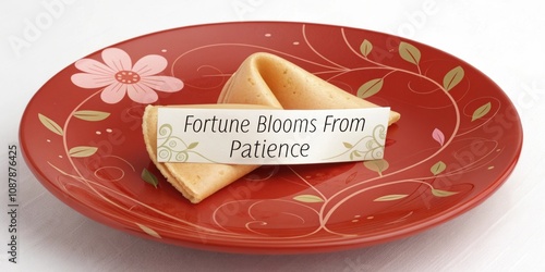 Illustration 12 A fortune cookie p on a vibrant red plate with a message inside reading Fortune Blooms from Patience adorned with soft flowing lines mimicking s forms. photo