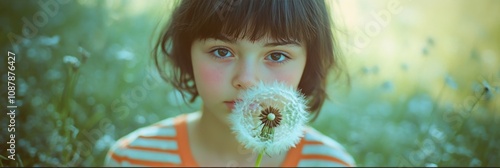 Young girl lying in grass, holding dandelion, enjoying a sunny day in natures...