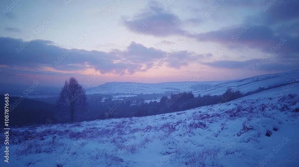 A Serene Winter Landscape at Dusk with Snow-Covered Hills and Calm Sky A Serene Winter Landscape at Dusk with Snow-Covered Hills and Calm Sky