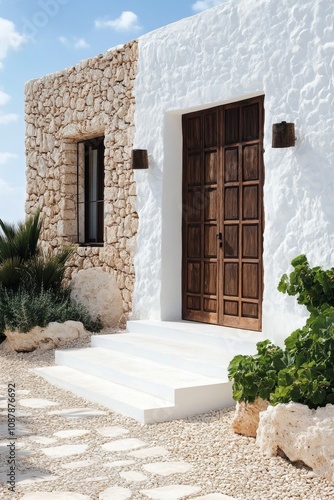 Charming white stone house entrance with wooden door in a sunny garden setting