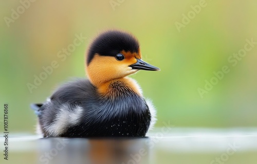 A young duckling swimming peacefully in a tranquil pond during a sunny day