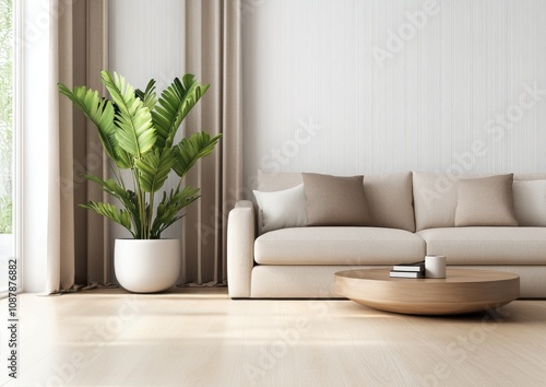 Modern living room design with neutral colors and minimalistic decor featurin...