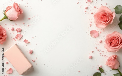 Delicate pink roses and cosmetic cream jar arranged on a white background for...