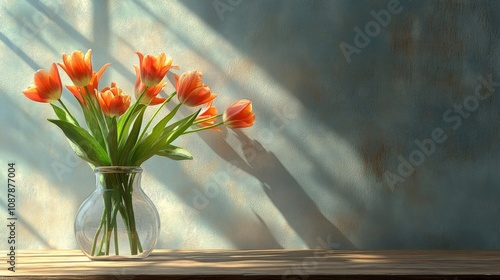 A beautiful vase of orange tulips placed on a wooden table by a sunlit window...