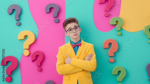 Curious boy searching for answers standing in front of colorful question marks photo