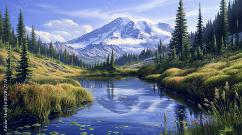 Mountain, rivers, beautiful flowers, ice, big trees, leaves, snow, beautiful scenario, valley, lake photo