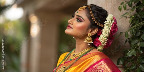 Stunning telugu bride, adorned in exquisite gold jewelry and a vibrant saree, exudes grace and beauty as she poses elegantly, capturing the essence of traditional bridal elegance