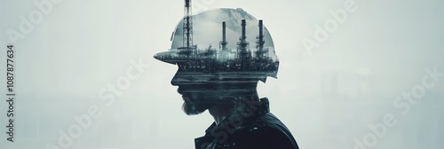 Silhouette of a worker with a helmet against an industrial landscape at sunset