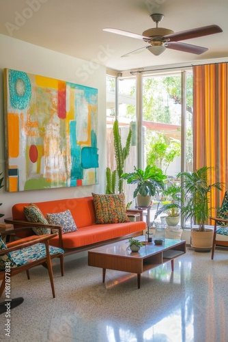 Bright and modern living room with colorful curtains and contemporary art in ...