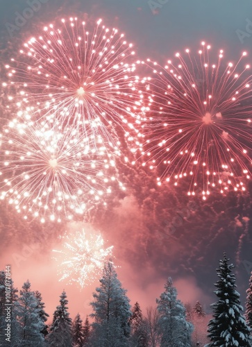 Colorful fireworks illuminate the winter night sky over a snowy landscape dur...