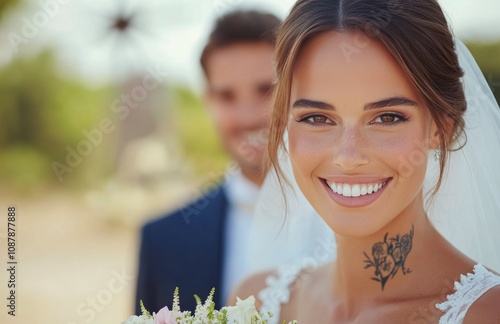 Happy couple enjoying their intimate wedding ceremony in a beautiful outdoor ...