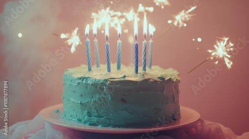 Celebratory cake with candles and sparklers during a birthday party at night