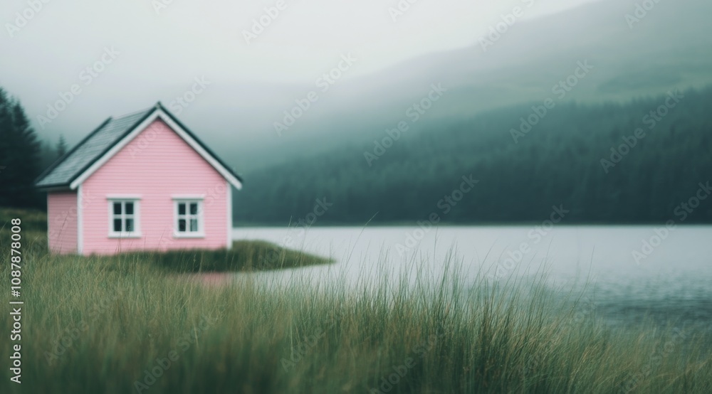A small pink house surrounded by green grass near a serene lake with mountains in the background A small pink house surrounded by green grass near a serene lake with mountains in the background