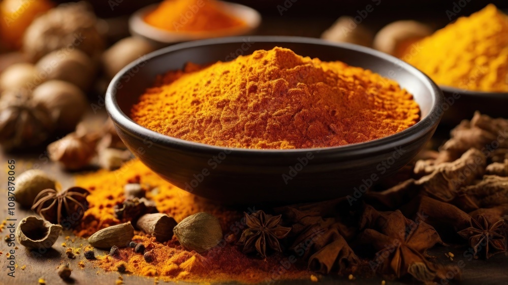Close-up of a bowl of turmeric powder with other spices, such as star anise, cinnamon sticks, and cloves, on a wooden table. Close-up of a bowl of turmeric powder with other spices, such as star anise, cinnamon sticks, and cloves, on a wooden table.