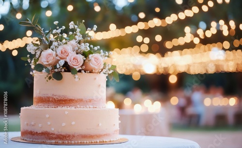 Wedding cake with floral decorations at an evening celebration outdoors