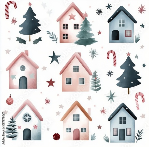 Festive decorative pattern featuring houses, trees, and candy canes in a whim...