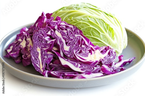 A close-up shot of a plate filled with fresh green cabbage, perfect for food or health-related uses