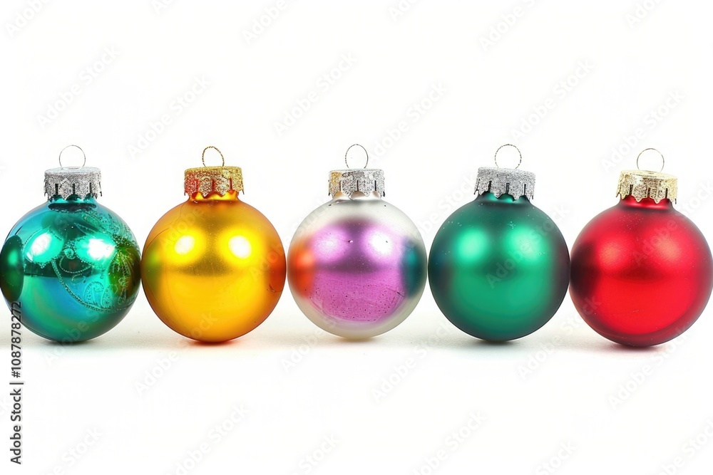 A row of Christmas ornaments on a white surface, ideal for holiday and winter-themed designs A row of Christmas ornaments on a white surface, ideal for holiday and winter-themed designs