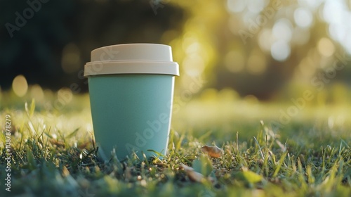 Coffee cup resting on green grass in a sunny park during a warm afternoon