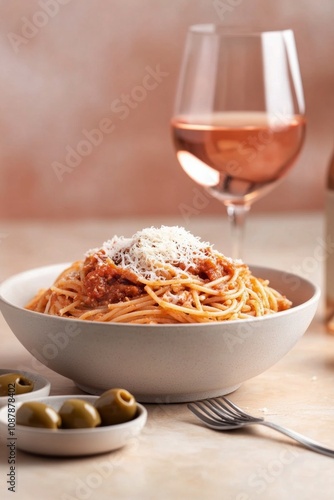 Enjoying a delicious plate of spaghetti with a glass of wine in a cozy settin...