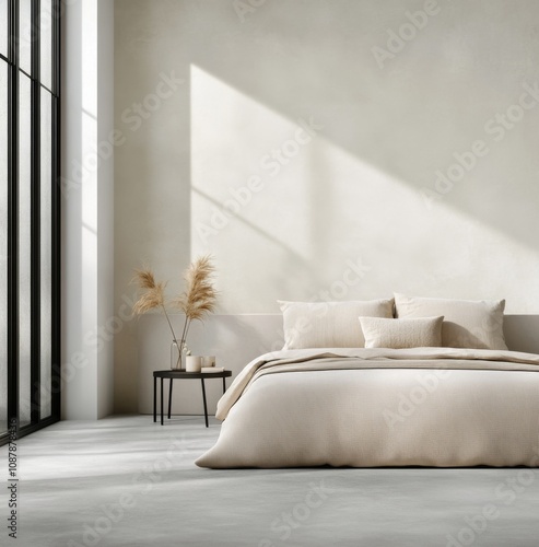 Cozy minimalist bedroom with natural light and neutral tones in a modern apar...