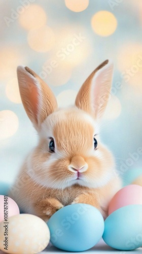 A cute bunny resting among colorful Easter eggs on a soft, blurred background...
