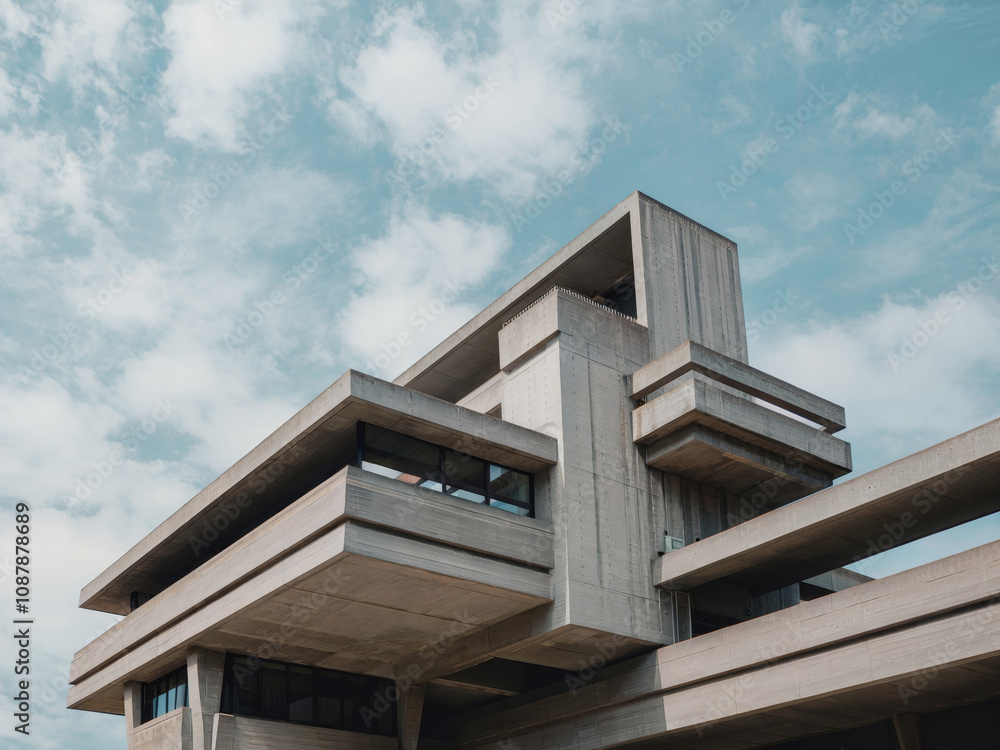 A modern, concrete building with geometric shapes and a cloudy sky.. A modern, concrete building with geometric shapes and a cloudy sky..