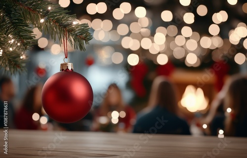 Family gathering around Christmas tree with festive decorations and joyful am...