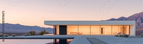 Modern minimalist house in the desert landscape with mountain backdrop during...