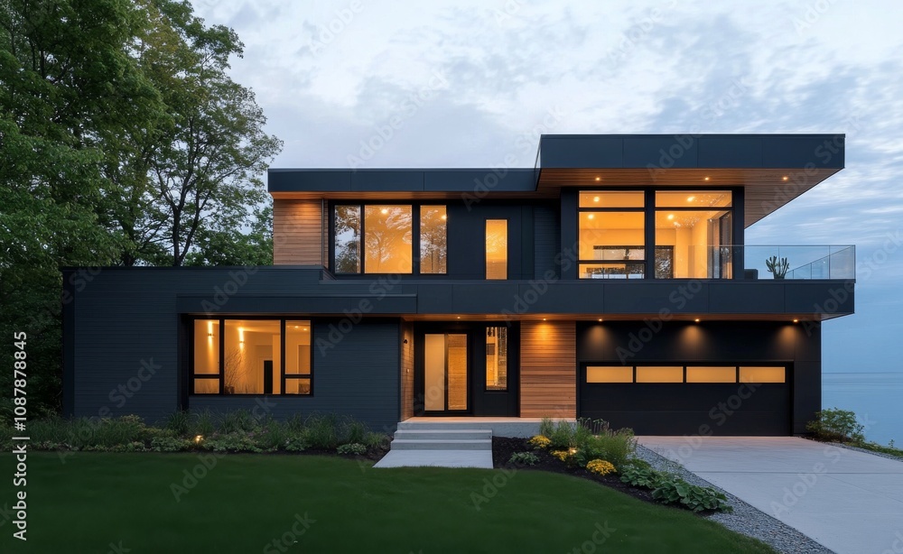 Modern coastal home with expansive glass windows by the serene ocean at twilight Modern coastal home with expansive glass windows by the serene ocean at twilight