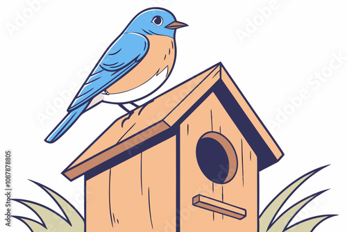 A bird sitting on top of birdhouse vector illustration