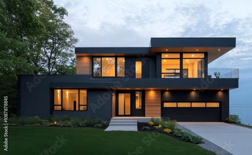 Modern coastal home with expansive glass windows by the serene ocean at twilight