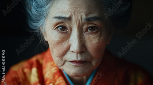 Elderly Japanese woman with a kimono and a warm expression. photo