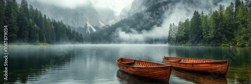 Serene lakeside view with wooden boats and misty mountains in the background ...
