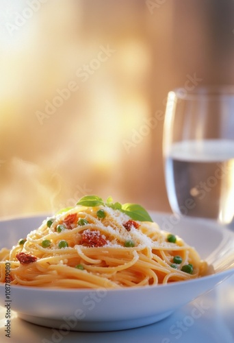A bowl of freshly cooked spaghetti is garnished with basil leaves and sprinkl...