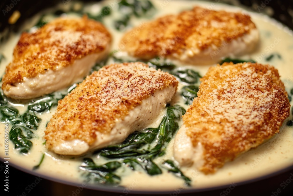 A pan filled with chicken and spinach covered in savory sauce, perfect for a meal or special occasion A pan filled with chicken and spinach covered in savory sauce, perfect for a meal or special occasion