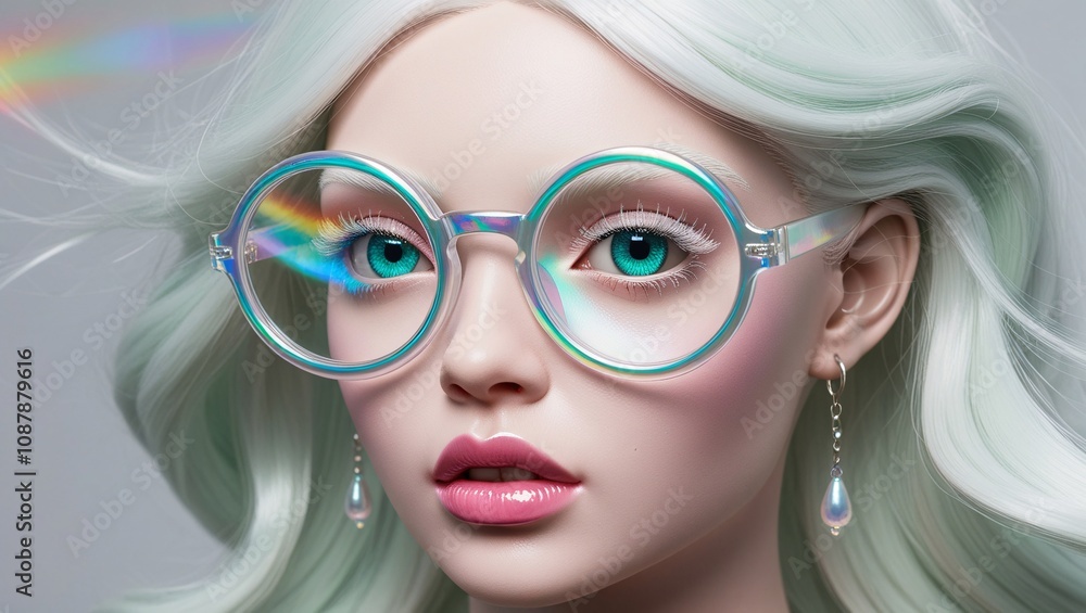 Digital art portrait of a beautiful young woman with split-dyed pink and mint hair wearing turquoise round glasses. Features striking blue eyes, hot pink lipstick, and porcelain skin Digital art portrait of a beautiful young woman with split-dyed pink and mint hair wearing turquoise round glasses. Features striking blue eyes, hot pink lipstick, and porcelain skin