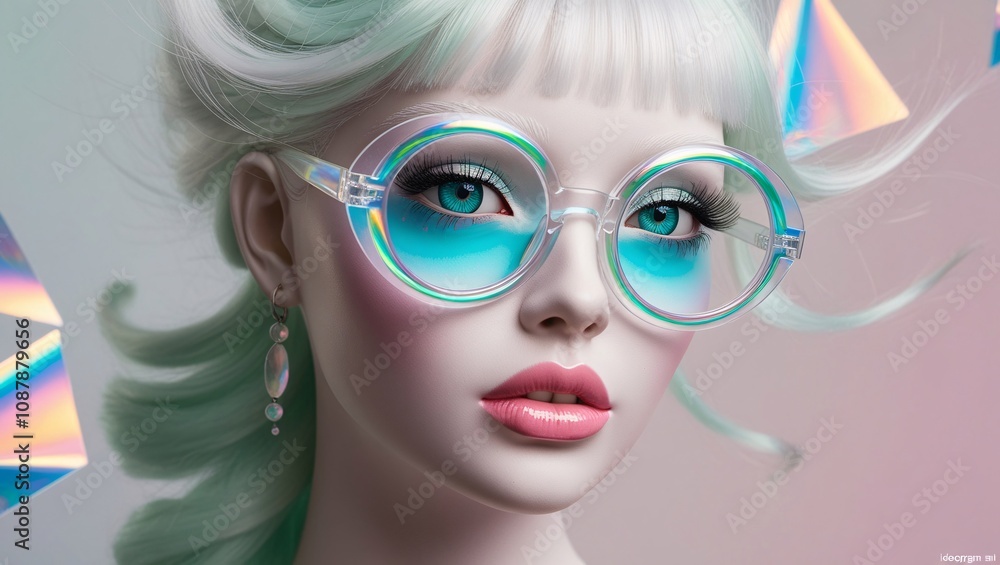 Digital art portrait of a beautiful young woman with split-dyed pink and mint hair wearing turquoise round glasses. Features striking blue eyes, hot pink lipstick, and porcelain skin Digital art portrait of a beautiful young woman with split-dyed pink and mint hair wearing turquoise round glasses. Features striking blue eyes, hot pink lipstick, and porcelain skin