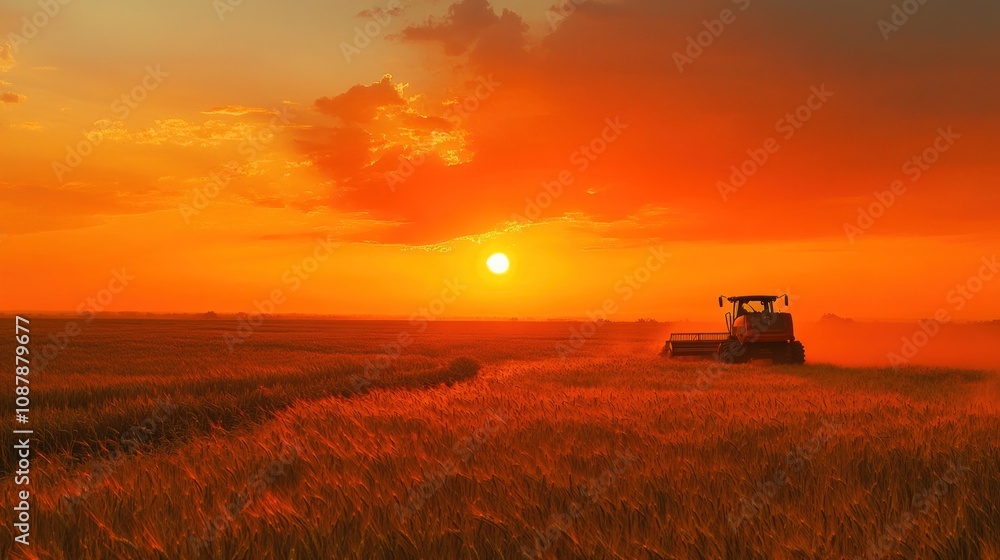 Fototapeta premium Harvest Sunset: Golden Fields and a Lone Combine Harvester