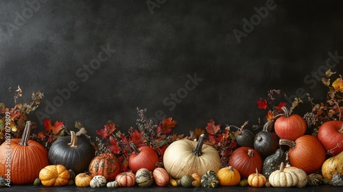 Autumn harvest display with pumpkins and colorful leaves in a rustic setting