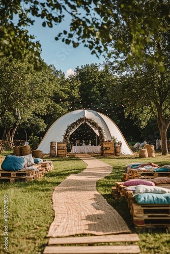 Charming outdoor event setup with a pathway, chairs, and decorative elements ...