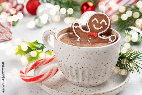 A cup of hot chocolate with a gingerbread man on top